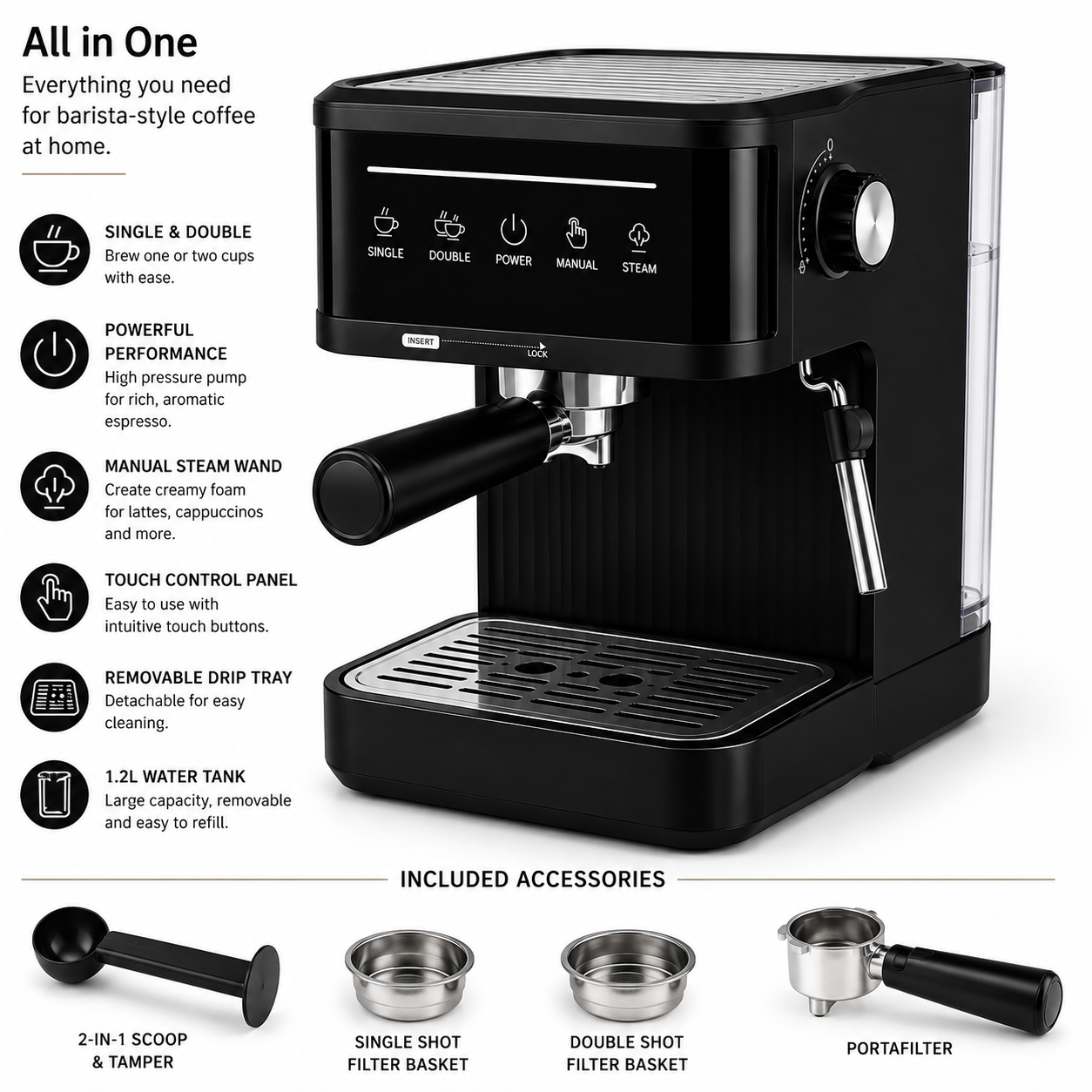 20 Bar Espresso Coffee Machine with Milk Frother – Professional Cappuccino & Latte Maker for Home & Office